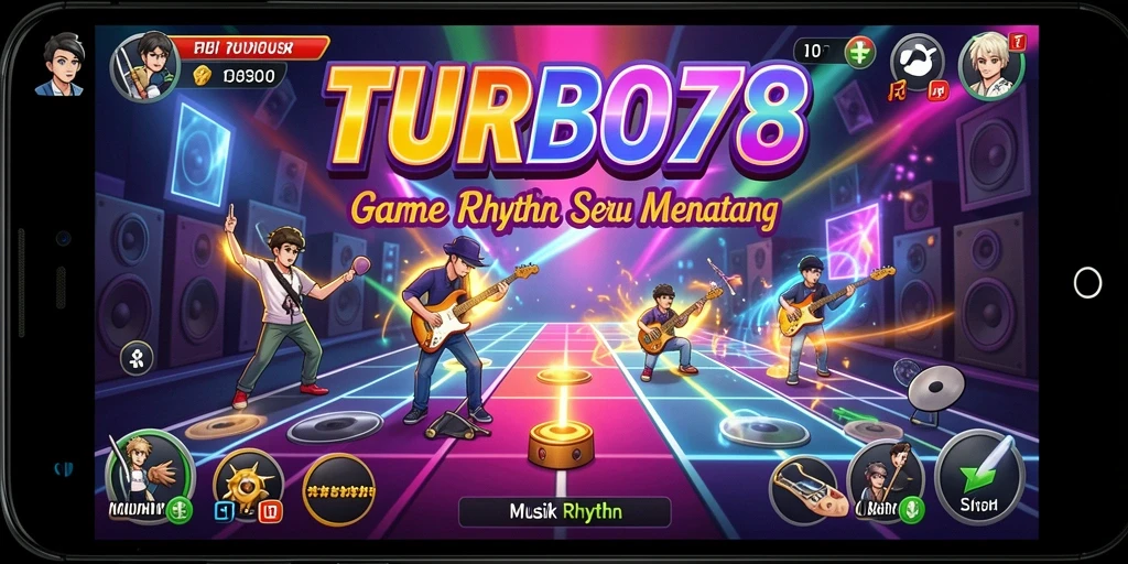Tampilan screenshot utama TURBO78 dengan antarmuka penuh warna dan musik rhythm.